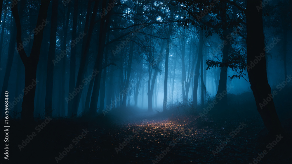 Naklejka premium A foggy forest landscape with tall trees and a mysterious light on the ground in the distance ahead view