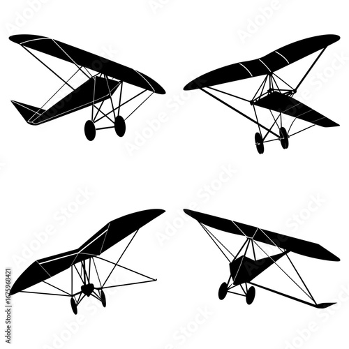 Four black silhouette illustrations of ultralight airplanes on a white background in various orientations