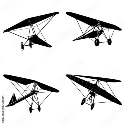 Four black silhouettes of ultralight aircrafts displayed against a white background in a collage format