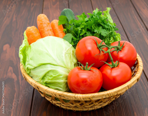 Fresh vegetables in basket brown.red tomatoes, white cabbage, carrots