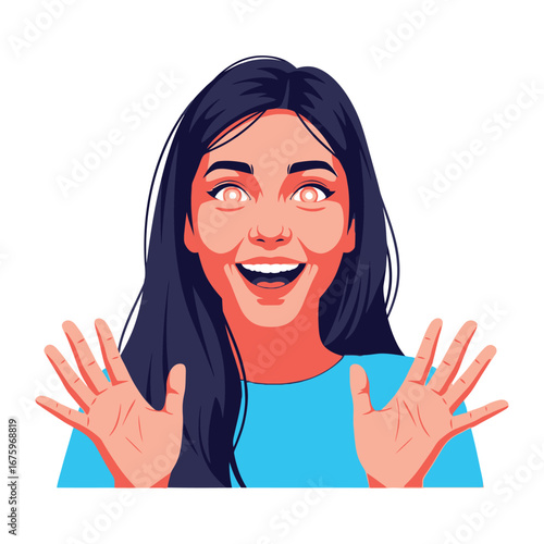 Shocked and Amazed: Captivating illustration of a woman with dark hair and a light blue shirt, expressing disbelief and excitement through wide eyes and open palms.
