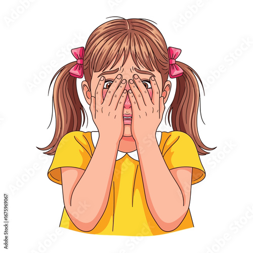 Fearful Eyes: A child with closed eyes, conveying a sense of vulnerability and worry, covering her face, capturing the raw emotions of human sensitivity.