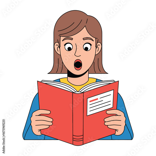 Captivated Reader: A young woman is engrossed in a vibrant red book, her expression mirroring the fascination of the narrative, revealing a portrait of quiet absorption.