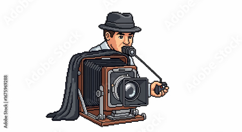 Pixelated Photographer Capturing a Moment with a Vintage Large Format Camera