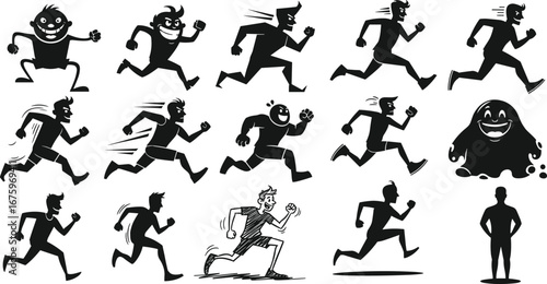 Running silhouette figures in various poses, dynamic motion, athletic activity, sports concept, black and white illustration, fitness and movement design