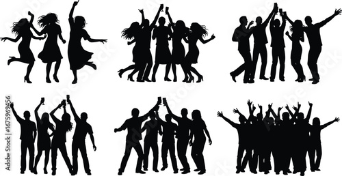 Silhouettes of people dancing, partying group, celebration, night out, friends having fun, social gathering, joyful moments, music, club, event