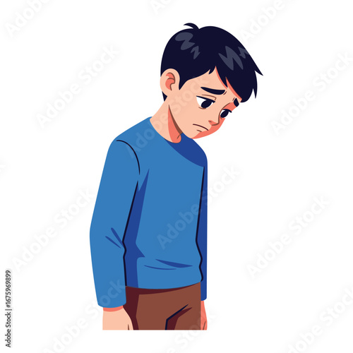 Melancholy Reflection: A young figure, head bowed in thought, evokes empathy with a touch of sadness and contemplation, isolated against a clean background.