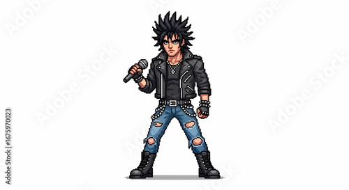 Retro 8-bit pixel art sprite of a male rock star singer with spiky hair, performing with a microphone in a punk leather jacket
