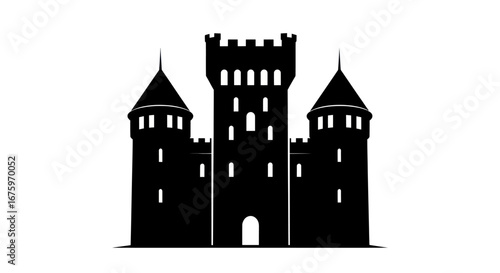 Silhouette of a Medieval Castle with Towers and Battlements.