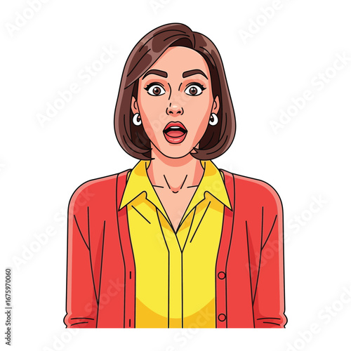 Astonishment: A vibrant and expressive illustration captures a woman with wide eyes and an open mouth, conveying a sense of shock and surprise. The artwork is in comic style.