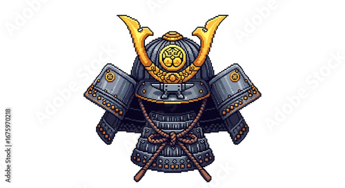 Retro 8-bit video game style graphic of an ancient samurai kabuto helmet with golden crest, representing Japanese history and bushido