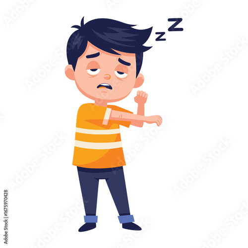 Exhausted Child's Morning Stretch: A sleepy child with black hair and a casual tee shirt, yawning wide as he stretches in the illustration. This picture capture his moment of tiredness.