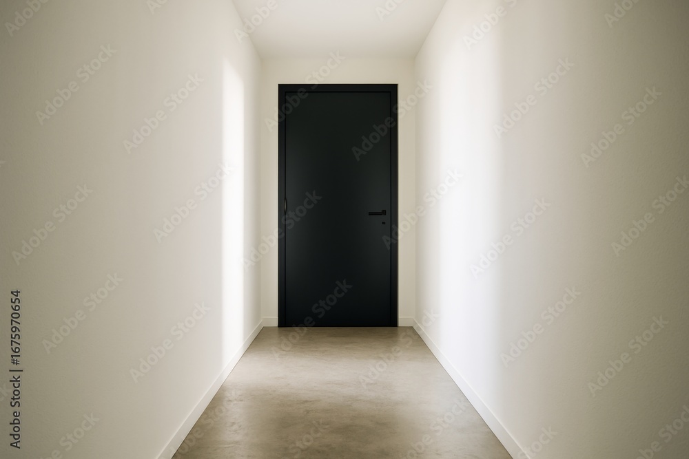 Obraz premium Minimalist hallway with soft natural light and a closed dark door at the end conveying abstract architectural ambiance and mystery. Ai generative