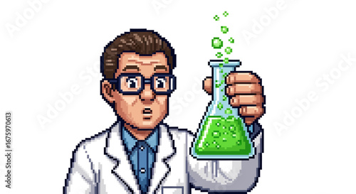 Astonished Scientist Examining a Green Bubbling Solution in a Laboratory Flask