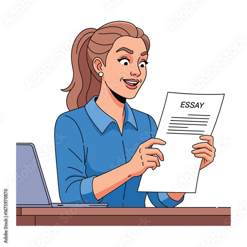 Essay Evaluation: A student's gleeful reaction to reading a flawless essay, depicting the satisfaction of academic success.