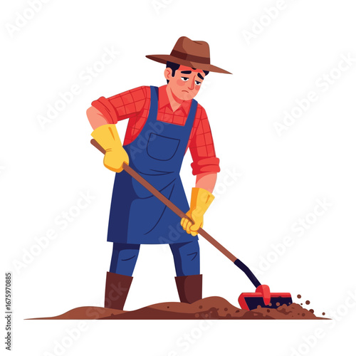 Farmer at Work: A dedicated farmer, adorned in work attire, meticulously cultivates the soil with his tool, capturing the essence of agricultural diligence and rural labor.
