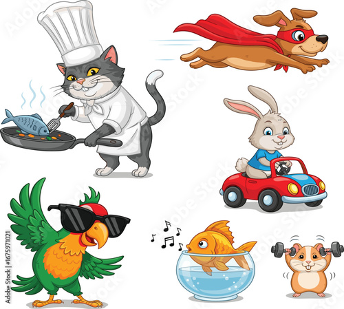 Cartoon animals doing human activities, chef cat, superhero dog, driving rabbit, dancing parrot, musical goldfish, exercising hamster, fun illustration