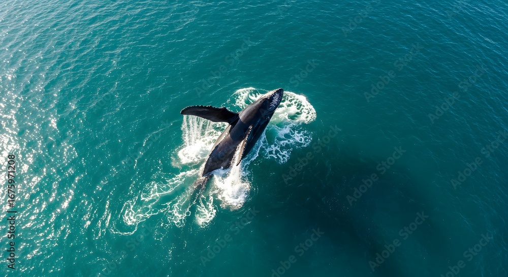 Naklejka premium Humpback Whale Breaching in Turquoise Ocean Waters