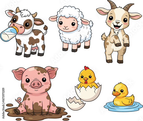 Cartoon baby farm animals, cow, lamb, goat, piglet, chick, duckling, cute illustration, kids, barnyard, educational, playful, nursery