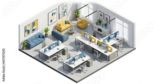An isometric view of a modern office interior with desks, chairs, sofas, and plants