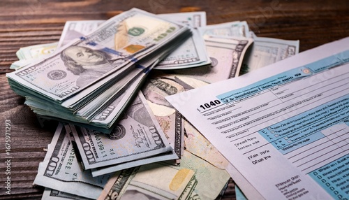 big amount of united states dollar bills on table with tax return form close up