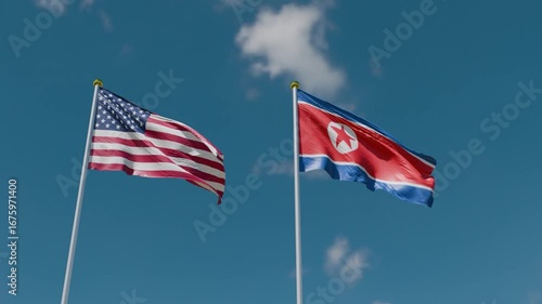 Usa united state america us north korea flag north korean us usa united state america flag blue sky diplomacy war politic south korean international conflict russia china military politic america usa