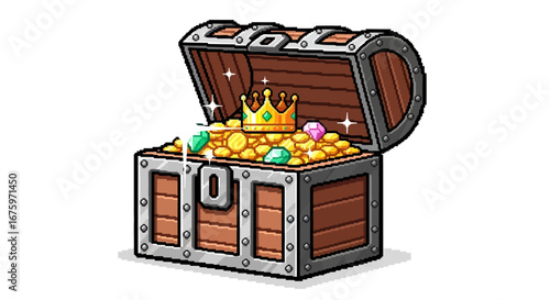 A sparkling bounty of gold coins, precious gems, and a majestic crown bursting from an ancient wooden chest, symbolizing immense wealth and successful discovery