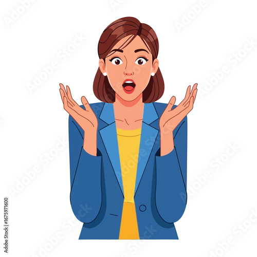 Astonishment: A cartoon woman radiates pure surprise, hands raised in disbelief, her expression capturing a moment of bewilderment.
