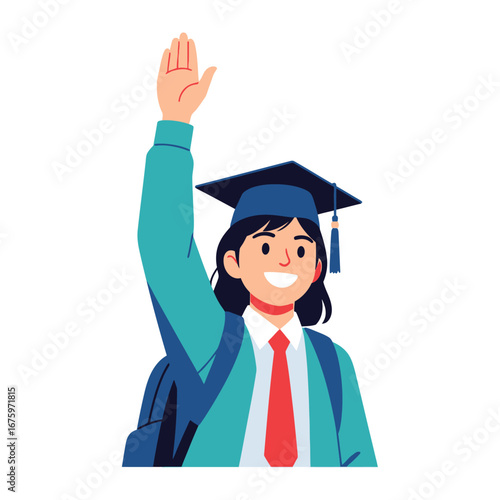 Graduation Girl's Triumph: A young female graduate, adorned in cap and gown, raises a hand, symbolizing accomplishment and a bright future, a triumphant moment of reaching goals.