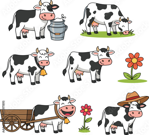 Cartoon cows in farm scenes, cute animal illustrations, milk can, grazing cow, flower, cart, kid-friendly vector stock bundle