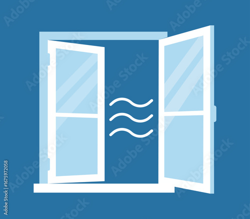 Flat vector illustration of open window with airflow circulation. Fresh air ventilation symbol representing hygiene, health, prevention, indoor climate control, safety, and clean living environment.