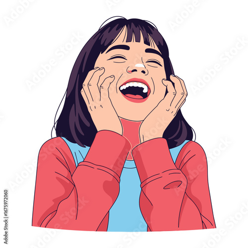 Joyful girl with big smile: Capturing pure joy, this illustration portrays a girl's laughter in a moment of unadulterated happiness, with her hands cupping her cheeks, highlighting the genuine smile