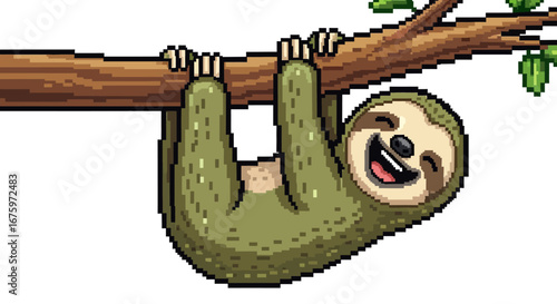 Cheerful Pixel Art Sloth Hanging Happily Upside Down