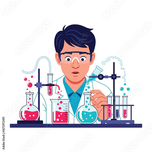 Scientist in the Lab: A scientist gazes with a look of intense concentration as they conduct experiments in a laboratory, surrounded by beakers, test tubes, and other lab equipment. 