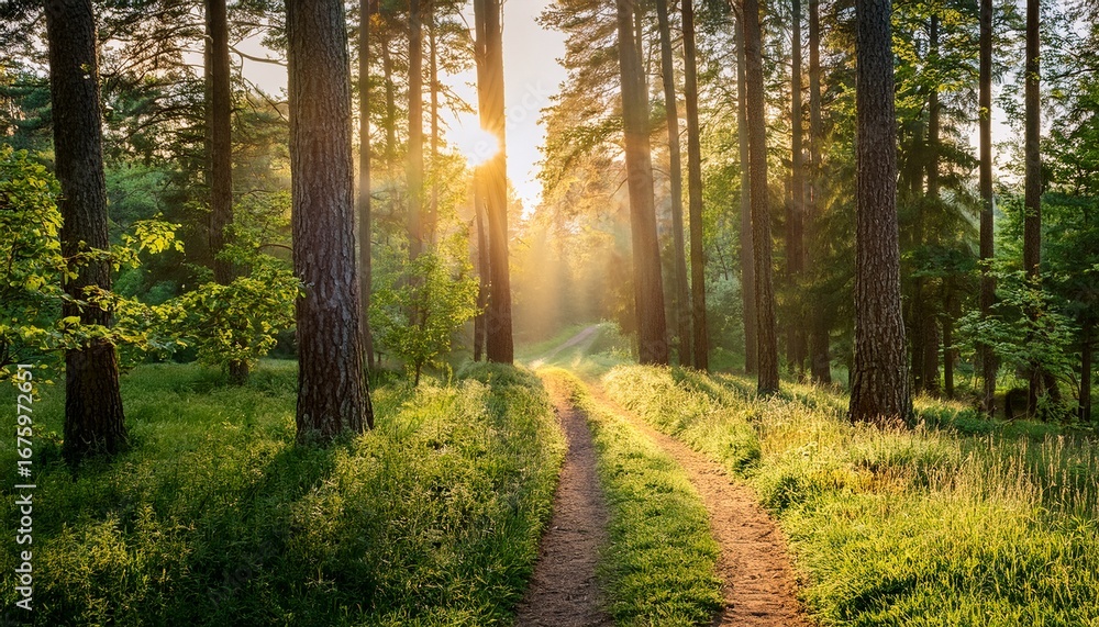 Fototapeta premium golden sunlight illuminates a serene forest path at dawn casting a magical glow on tall trees and lush green grass