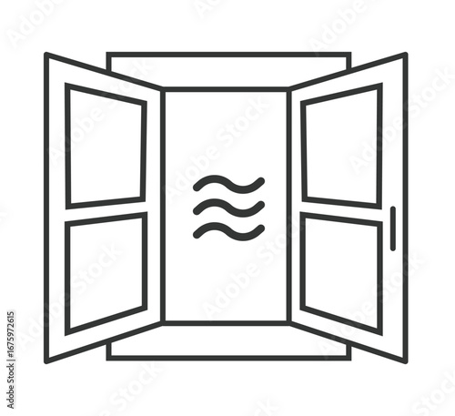 Line art icon of open window with airflow. Minimal flat vector design symbolizing ventilation, fresh air circulation, indoor hygiene, health, safety, and environmental protection.