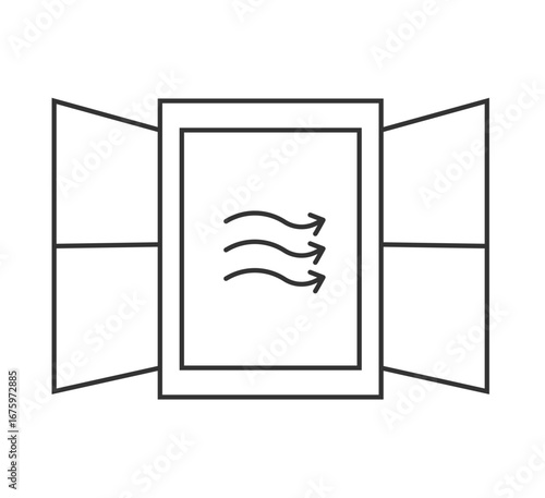 Line art icon of open window with airflow. Minimal flat vector design symbolizing ventilation, fresh air circulation, indoor hygiene, health, safety, and environmental protection.