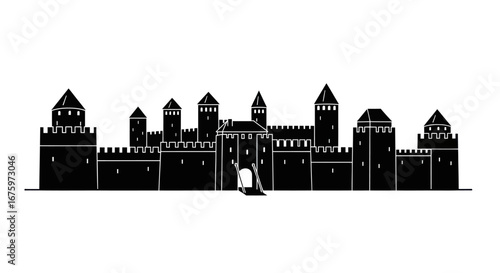 Majestic Medieval Castle Silhouette with Towers and Battlements.