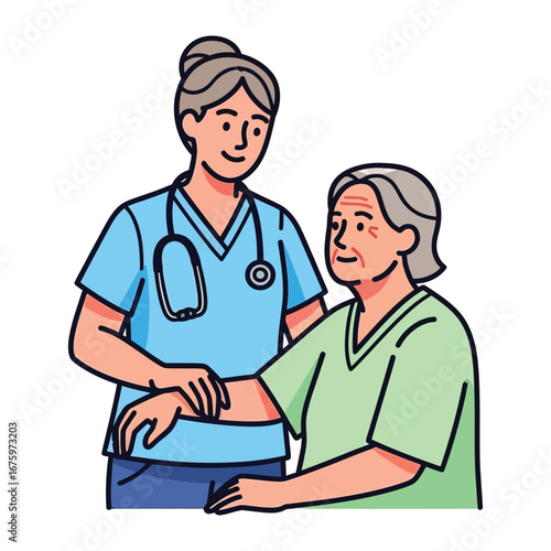Caregiver in Support: A nurturing caregiver offers a supportive hand to an elderly individual. The scene is a touching depiction of healthcare, compassion, and kindness.