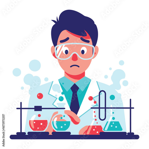 Science Experiment Gone Awry: A cartoon scientist stares in dismay at a failed experiment in a laboratory setting. The scene captures the drama and challenge of scientific endeavor.