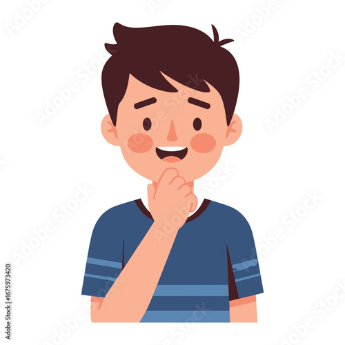 Boy with Hand on Chin: A young boy, thoughtfully pondering, his hand resting gently on his chin, as if contemplating life's endless possibilities in a simple moment.