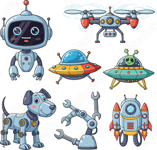 Cartoon robot and space tech set, humanoid bot, drone, UFO, rocket, robotic dog, arm, alien, cute, vector, futuristic, sci-fi, child-friendly, colorful, illustration, stock, machine, 