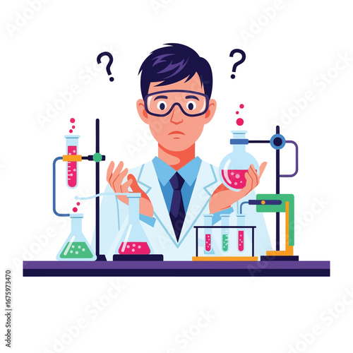 Scientific Puzzlement: An inquisitive scientist in a lab coat stands amidst beakers, flasks, and bubbling solutions, questioning the complexities of scientific inquiry and thought. 