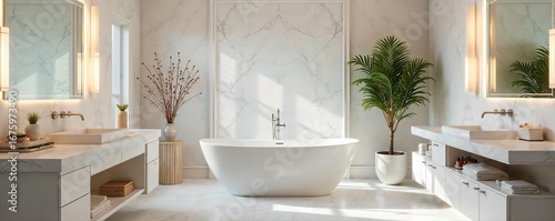 Luxurious freestanding bathtub in a modern vanity bathroom, complete with sleek fixtures and elegant marble tiling Enjoy the serenity and sophistication of this spa-like retreat , luxury, mirror