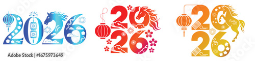 Celebrate the Year of the Horse 2026 with elegant Chinese New Year designs featuring glowing lanterns, fireworks, blossoms, and zodiac horse details in vibrant gradient styles for posters and branding