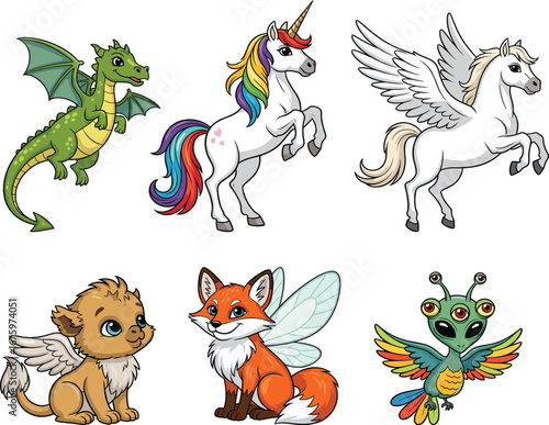 Fantasy animal cartoon set, dragon, unicorn, pegasus, winged lion, fox, alien bird, magical, cute, vector, mythical, whimsical, enchanted, creature, stock, 