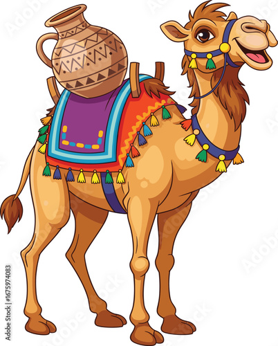 Decorated camel cartoon, desert animal, festive saddle, clay pot, tassels, colorful accessories, kids illustration, cultural theme, playful, vibrant