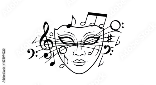 Elegant Venetian Mask Adorned with Musical Notes and Symbols.