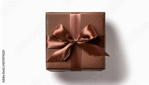 extreme top view of a single chocolate brown square gift box with a matte satin finish and a silk ribbon bow isolated on a white transpatent background