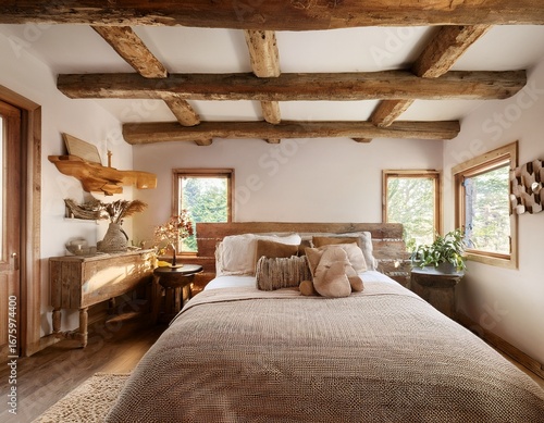 a warm rustic bedroom with wooden beams and vintage furniture